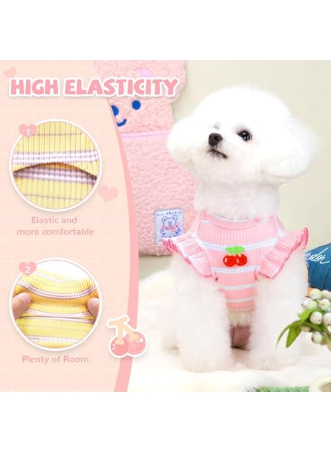 CLENEA 2 Pack Striped Small Dog T-Shirt, Cute Cherry Design, Breathable Soft Cotton Sleeveless Vest for Small Dogs and Cats, Spring and Summer Doggy Outfits (Pink + Yellow, Large) - Image 3